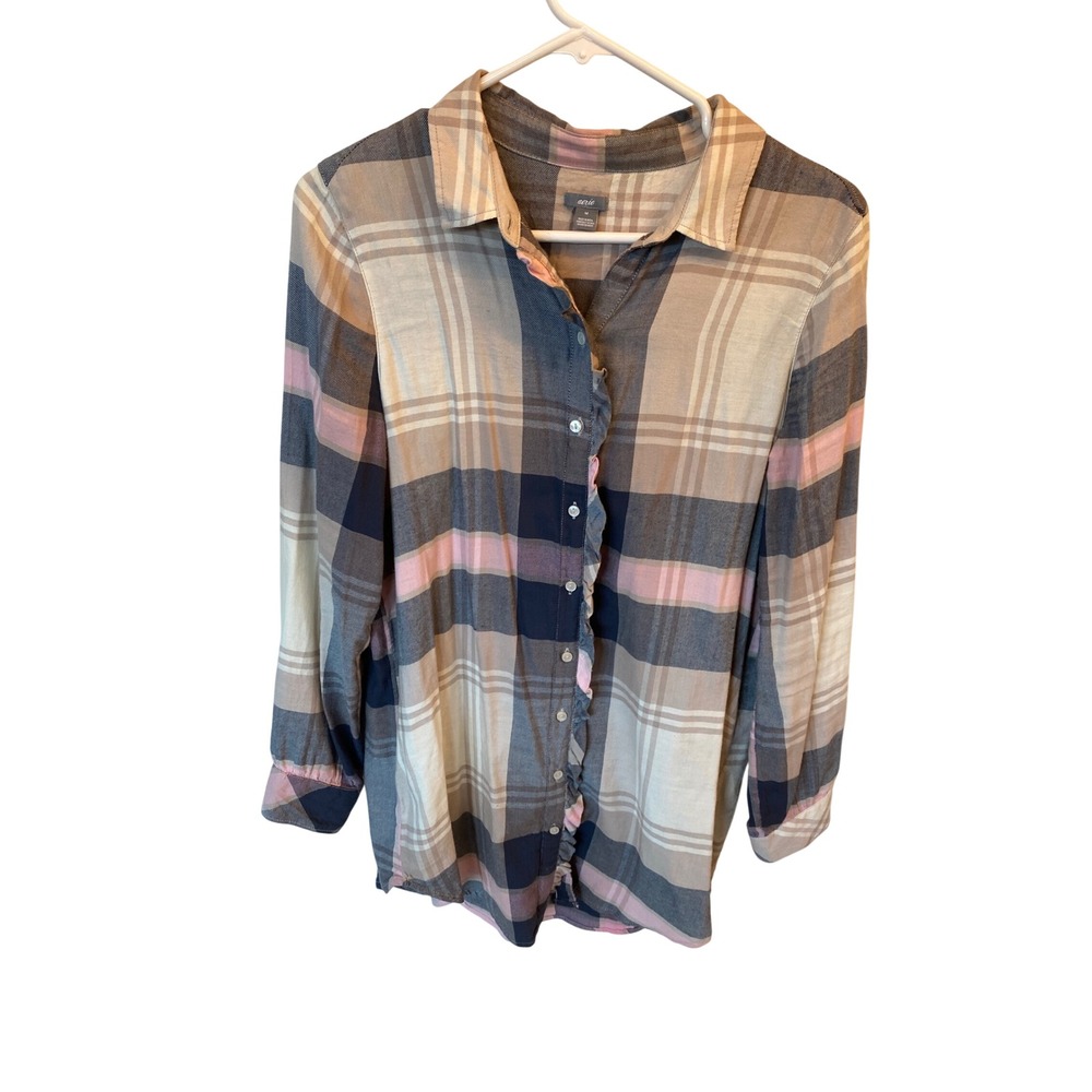 Aerie Plaid Button Down‎ Shirt Long Sleeve Ruffled Collar Women's Medium